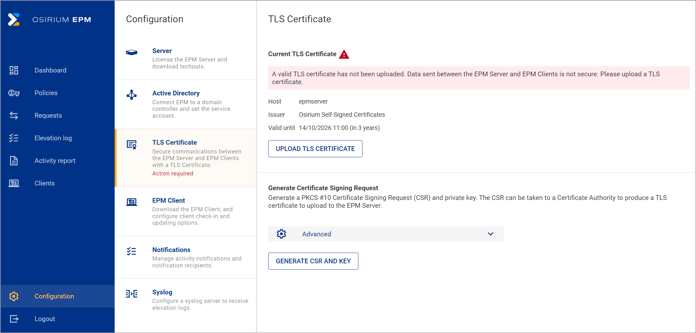 TLS Certificate page