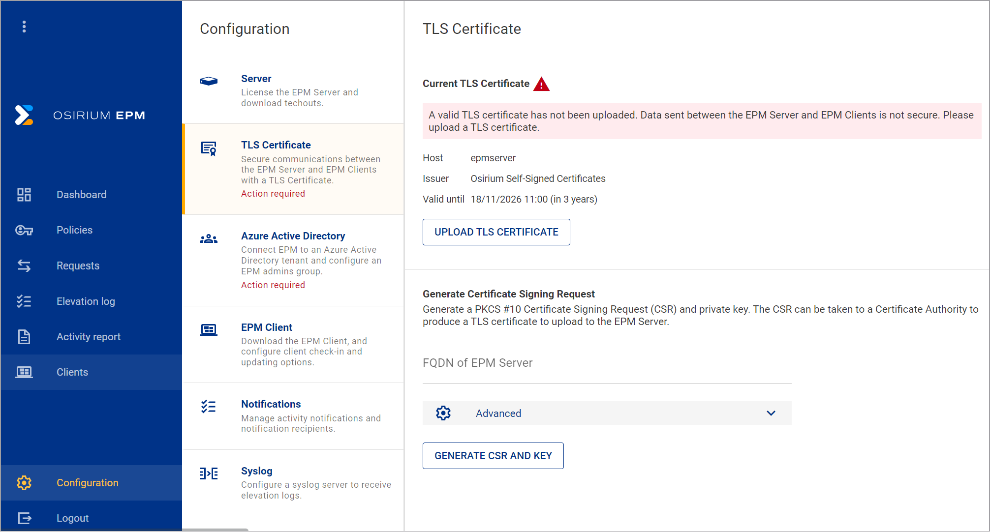 TLS Certificate page