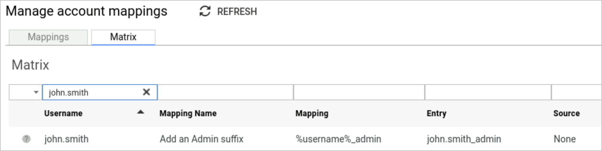 Manage account mapping matrix tab