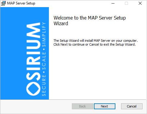 MAP Server Setup Welcome wizard