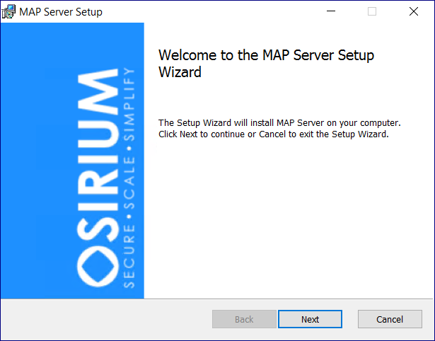 MAP Server Setup Welcome wizard