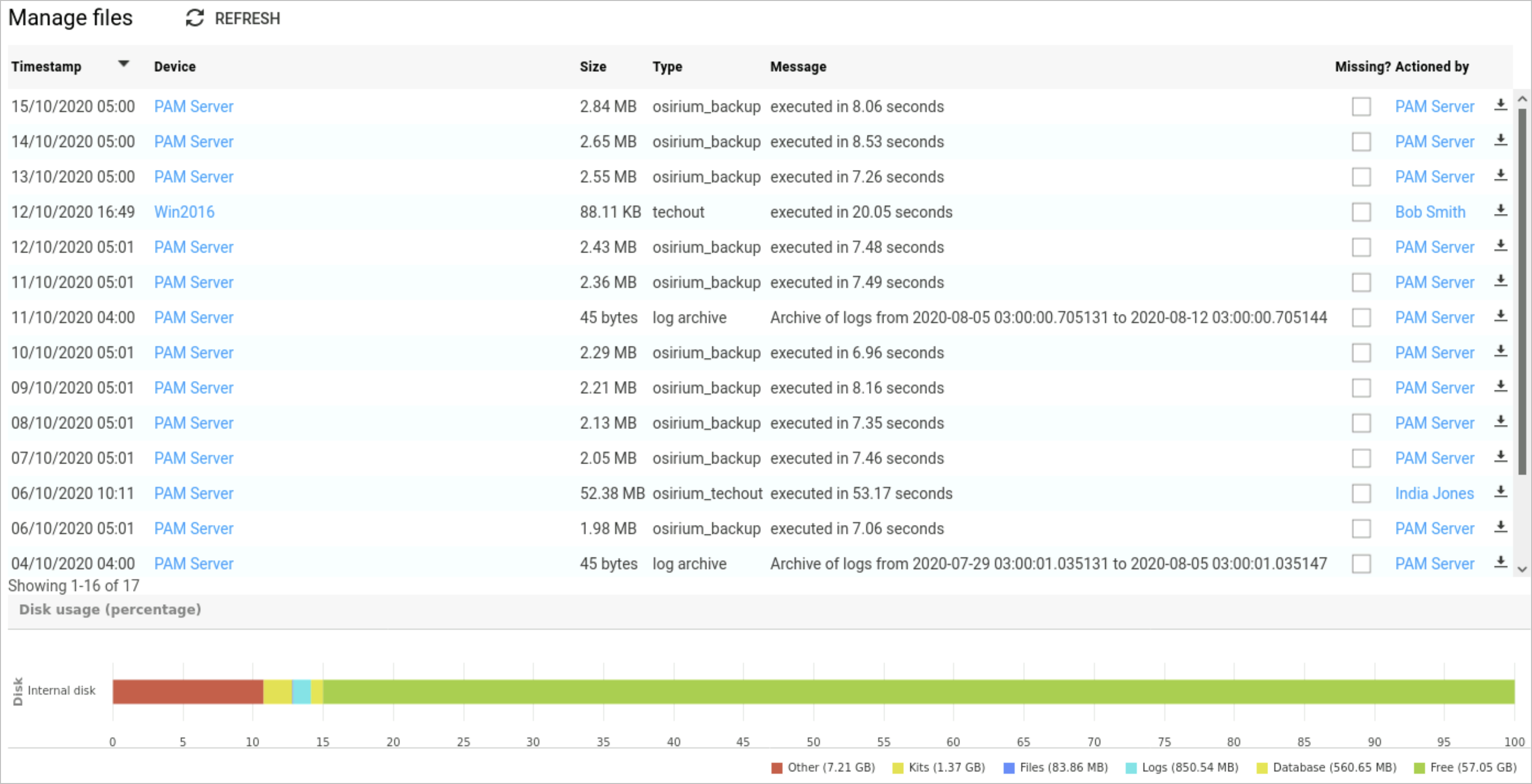 Manage files table