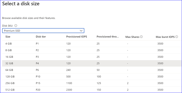 Create virtual machine select disk size