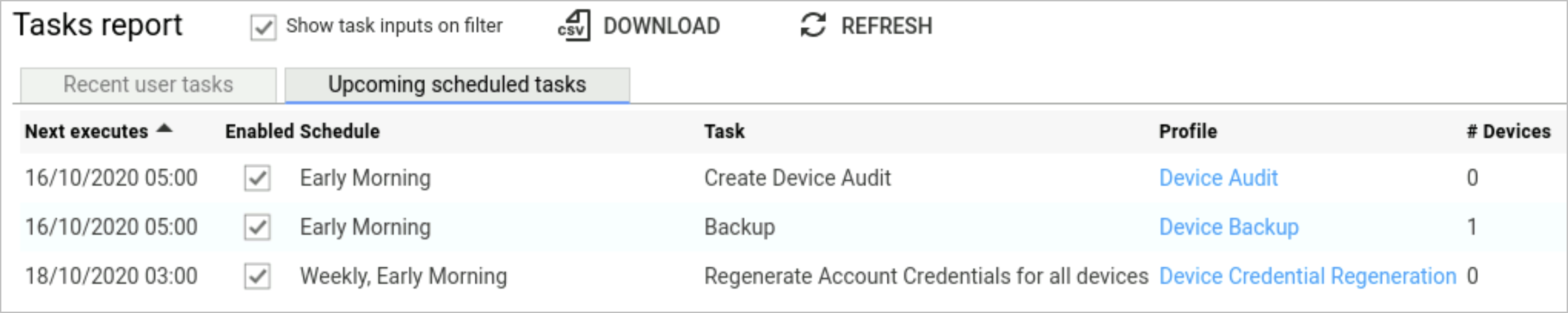 Upcoming schedule tasks table