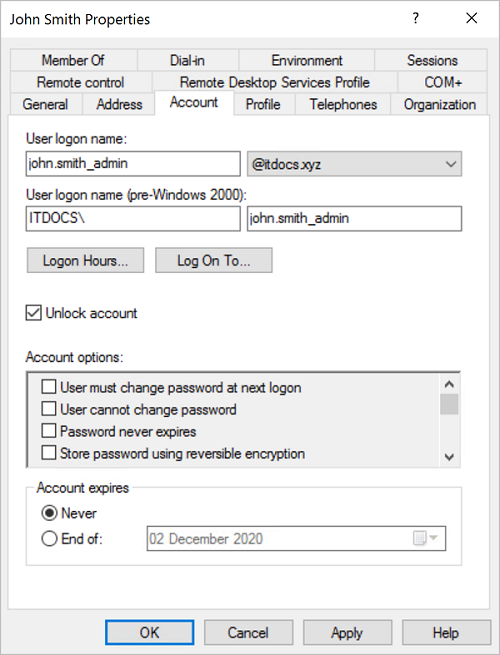 W2K8 account user properties