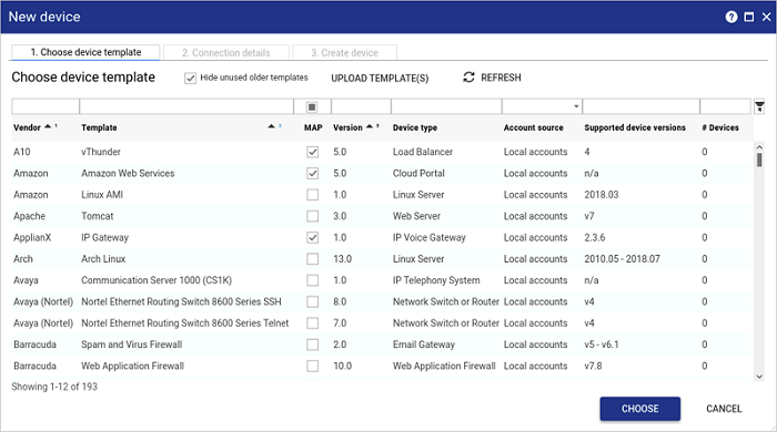 Choose device template window