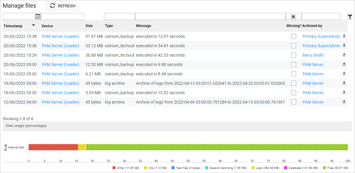 Manage files table