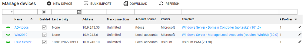 Manage devices table