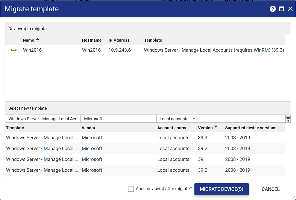 Migrate template window