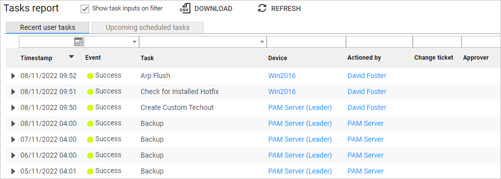 Recent user tasks report table