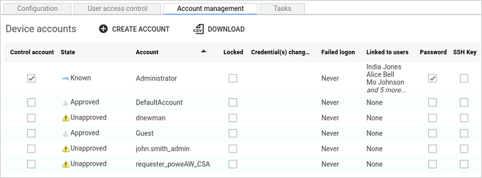 Device account management tab