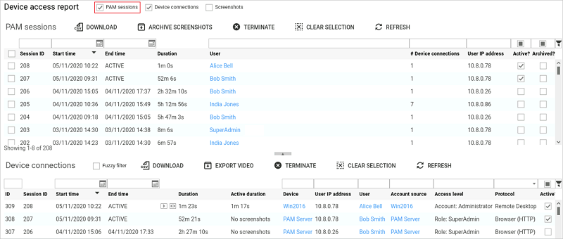 Device connections tab