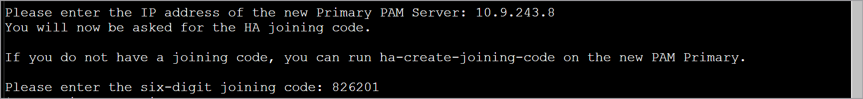 IP Address and Joining code of new Primary PAM Server