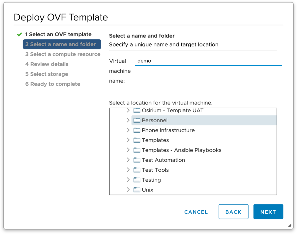 Deploy OVF Template – Select a name and folder