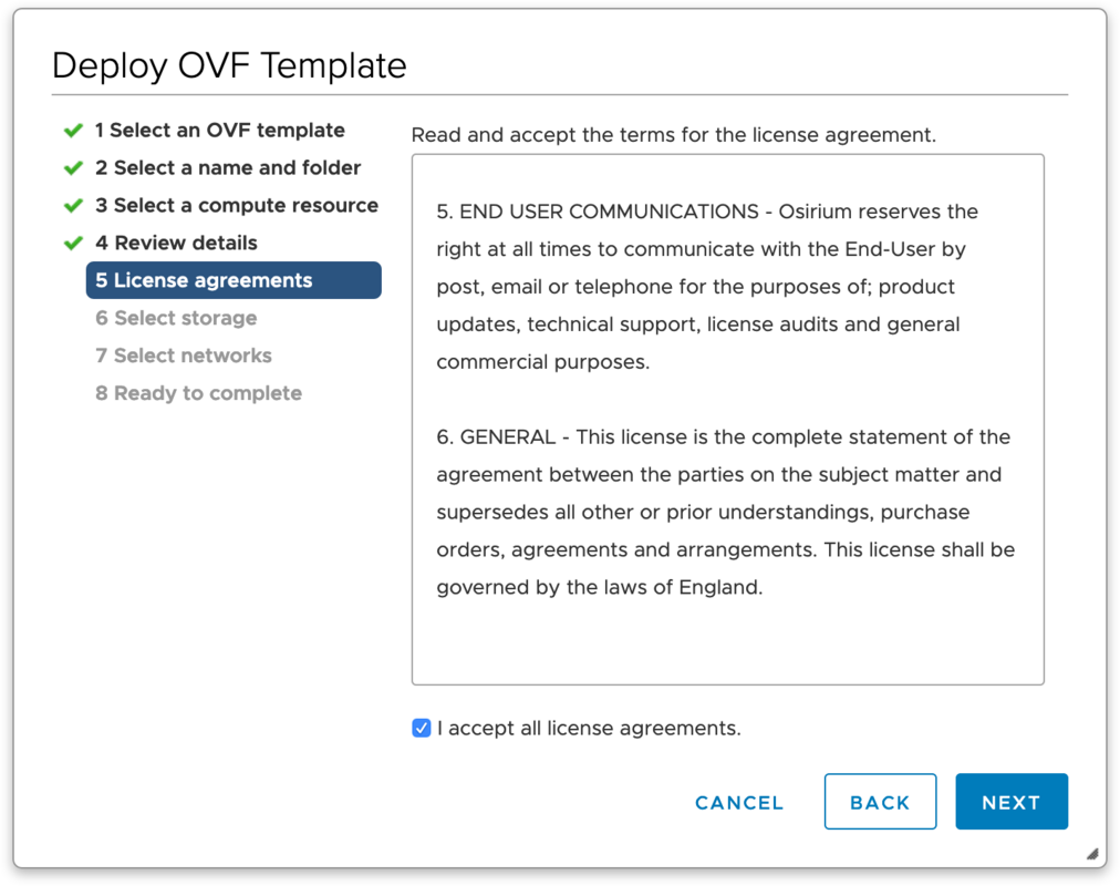 Deploy OVF Template – License agreements
