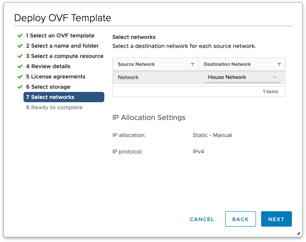 Deploy OVF Template – Select networks